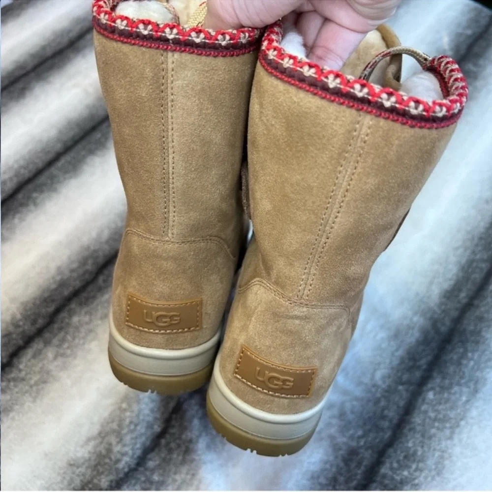UGG Tan Suede Winter Boots with Red Trim